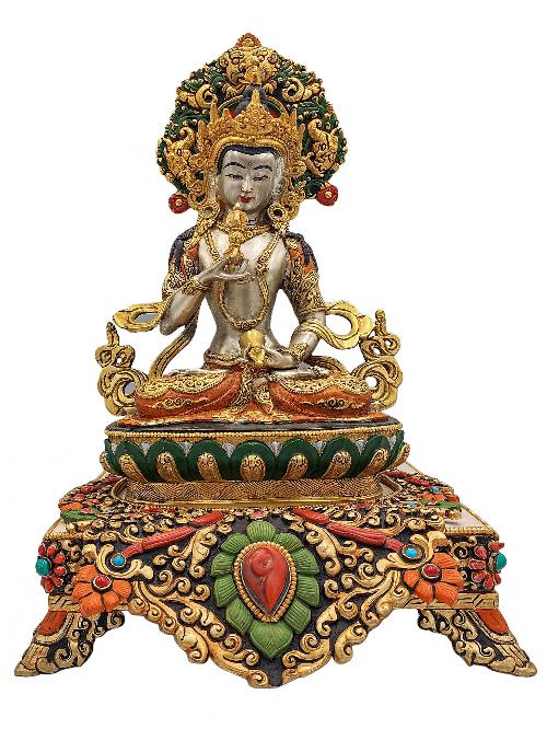 [vajrasattva], Buddhist Handmade Statue With Stand, [partly Gold Plated], [traditional Color Finishing] And Stone Setting