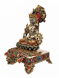 [vajrasattva], Buddhist Handmade Statue With Stand, [partly Gold Plated], [traditional Color Finishing] And Stone Setting