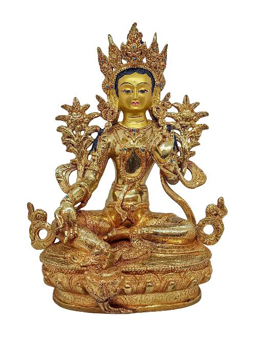 [green Tara], Buddhist Handmade Statue, [gold Plated] And [face Painted]