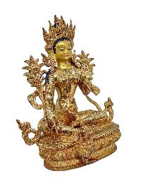[green Tara], Buddhist Handmade Statue, [gold Plated] And [face Painted]