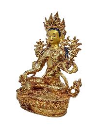 [green Tara], Buddhist Handmade Statue, [gold Plated] And [face Painted]