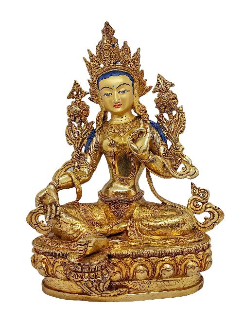 [green Tara], Buddhist Handmade Statue, [gold Plated] And [face Painted]