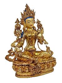 [green Tara], Buddhist Handmade Statue, [gold Plated] And [face Painted]