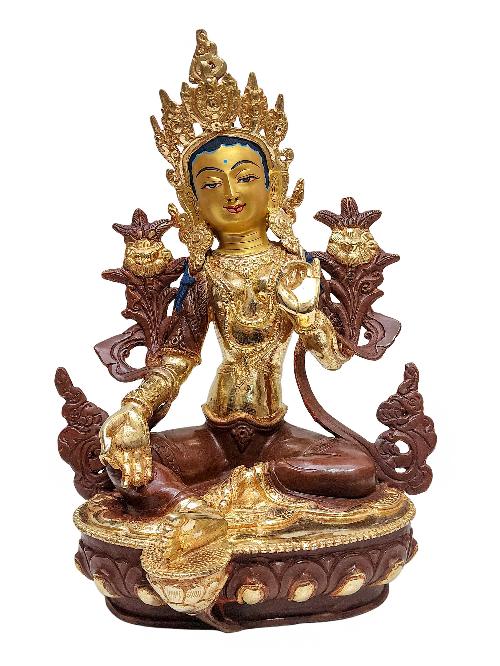[green Tara], Buddhist Handmade Statue, [partly Gold Plated] And [face Painted]