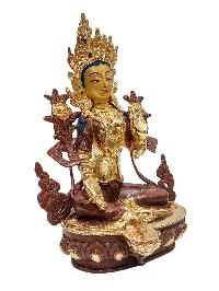 [green Tara], Buddhist Handmade Statue, [partly Gold Plated] And [face Painted]