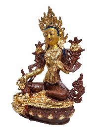 [green Tara], Buddhist Handmade Statue, [partly Gold Plated] And [face Painted]
