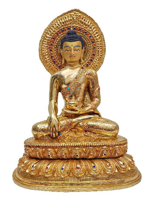 [shakyamuni Buddha], Buddhist Handmade Statue, [gold Plated], [face Painted], [stone Setting] And [double Base]