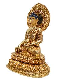 [shakyamuni Buddha], Buddhist Handmade Statue, [gold Plated], [face Painted], [stone Setting] And [double Base]