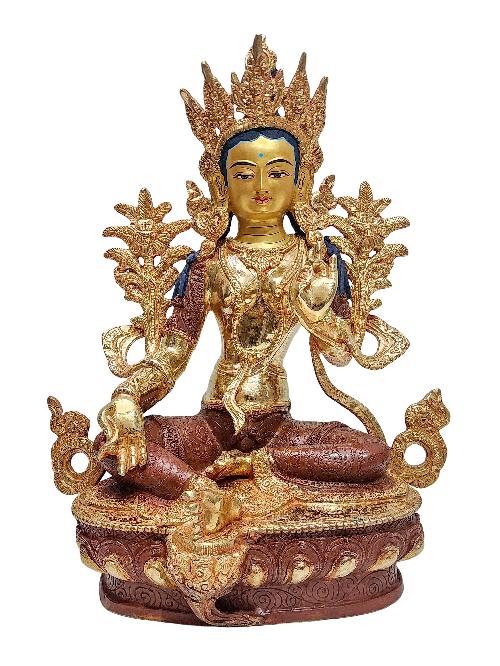[green Tara], Buddhist Handmade Statue, [partly Gold Plated] And [face Painted]