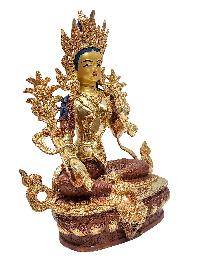[green Tara], Buddhist Handmade Statue, [partly Gold Plated] And [face Painted]