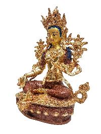 [green Tara], Buddhist Handmade Statue, [partly Gold Plated] And [face Painted]