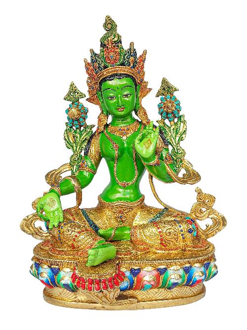 [green Tara], Buddhist Handmade Statue, [partly Gold Plated], [stone Setting] And [traditional Color Finishing]