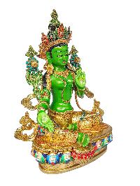 [green Tara], Buddhist Handmade Statue, [partly Gold Plated], [stone Setting] And [traditional Color Finishing]