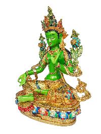[green Tara], Buddhist Handmade Statue, [partly Gold Plated], [stone Setting] And [traditional Color Finishing]