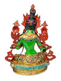 [green Tara], Buddhist Handmade Statue, [partly Gold Plated], [stone Setting] And [traditional Color Finishing]