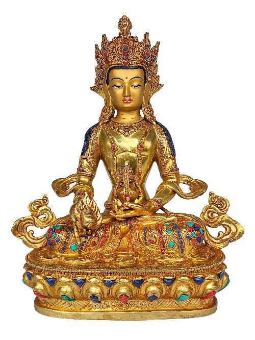 [aparimita], Buddhist Handmade Statue, [face Painted], [gold Plated] And [stone Setting], Amitayus