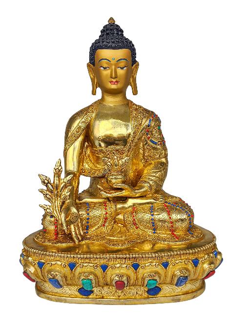 [medicine Buddha], Buddhist Handmade Statue, [face Painted], [gold Plated] And [stone Setting]