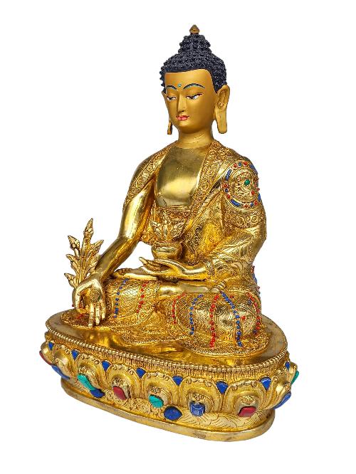 [medicine Buddha], Buddhist Handmade Statue, [face Painted], [gold Plated] And [stone Setting]