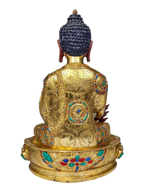 [medicine Buddha], Buddhist Handmade Statue, [face Painted], [gold Plated] And [stone Setting]