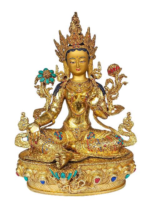 [green Tara], Buddhist Handmade Statue, [face Painted], [gold Plated] And [stone Setting]
