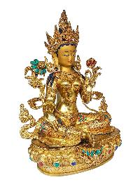 [green Tara], Buddhist Handmade Statue, [face Painted], [gold Plated] And [stone Setting]