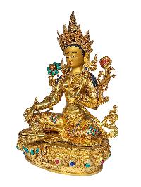 [green Tara], Buddhist Handmade Statue, [face Painted], [gold Plated] And [stone Setting]