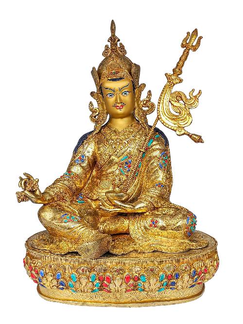 [padmasambhava], Buddhist Handmade Statue, [face Painted], [gold Plated] And [stone Setting]