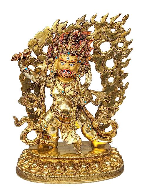 [vajrapani], Buddhist Handmade Statue, [face Painted], [gold Plated] And [stone Setting]