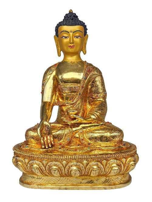 [ratnasambhava Buddha], Buddhist Handmade Statue, [face Painted], [gold Plated] And [stone Setting]