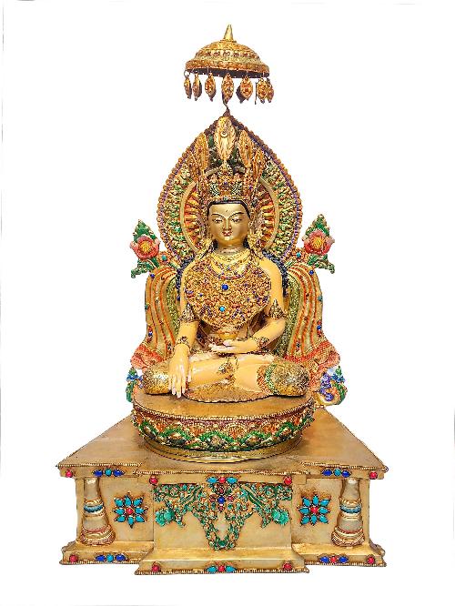[crown Shakyamuni Buddha On Throne], Buddhist Handmade Statue, [face Painted], [gold Plated] And [stone Setting], [master Quality]