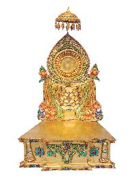 [crown Shakyamuni Buddha On Throne], Buddhist Handmade Statue, [face Painted], [gold Plated] And [stone Setting], [master Quality]