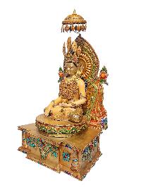 [crown Shakyamuni Buddha On Throne], Buddhist Handmade Statue, [face Painted], [gold Plated] And [stone Setting], [master Quality]