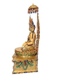 [crown Shakyamuni Buddha On Throne], Buddhist Handmade Statue, [face Painted], [gold Plated] And [stone Setting], [master Quality]