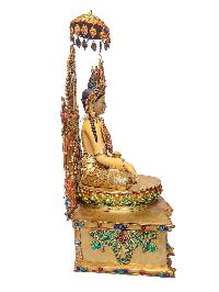 [crown Shakyamuni Buddha On Throne], Buddhist Handmade Statue, [face Painted], [gold Plated] And [stone Setting], [master Quality]