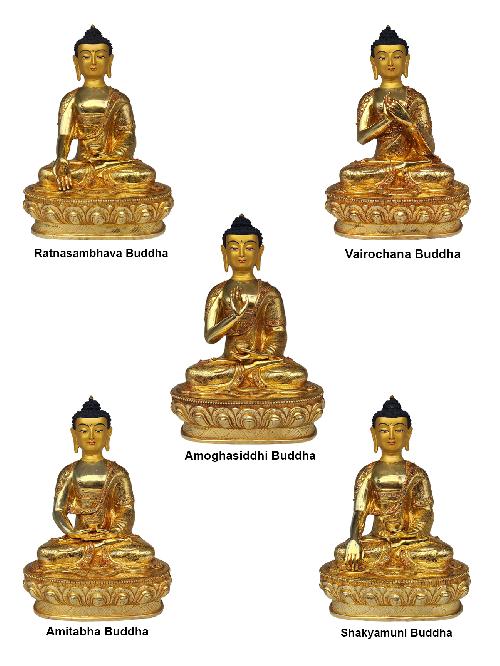 [pancha Buddha Set Of Shakyamuni Buddha, Amitabha Buddha, Ratnasambhava Buddha, Vairochana Buddha, Amoghasiddi Buddha], Buddhist Handmade Statue, [full Gold Plated, Face Painted] And [stone Setting]