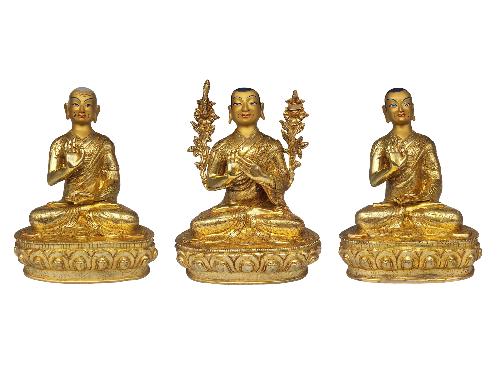 [tsongkhapa Set], Buddhist Handmade Statue, [face Painted] And [gold Plated]