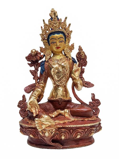 [green Tara], Buddhist Handmade Statue, [partly Gold Plated] And [face Painted]