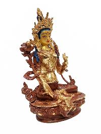 [green Tara], Buddhist Handmade Statue, [partly Gold Plated] And [face Painted]