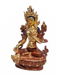 [green Tara], Buddhist Handmade Statue, [partly Gold Plated] And [face Painted]