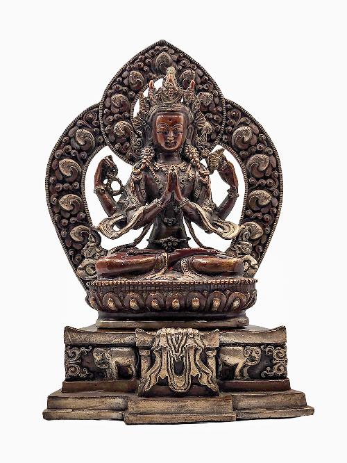 [chenrezig] Statue On Throne, Buddhist Statue [silver And Chocolate Oxidized]