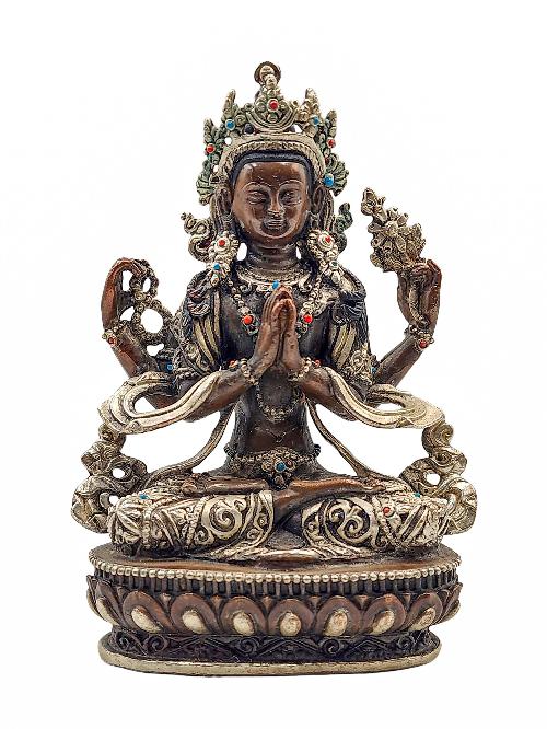 [chenrezig], Buddhist Statue, [silver And Chocolate Oxidized]