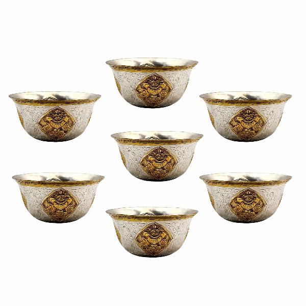 Copper Offering Bowl, Hand Carved 7 Pcs Set, Gold And Silver Plated