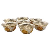 Copper Offering Bowl, Hand Carved 7 Pcs Set, Gold And Silver Plated