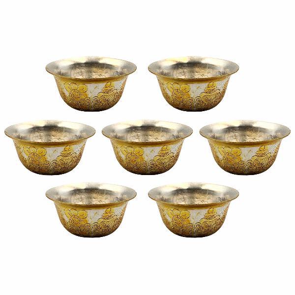 Copper Offering Bowl, Hand Carved 7 Pcs Set, Gold And Silver Plated