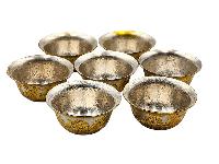 Copper Offering Bowl, Hand Carved 7 Pcs Set, Gold And Silver Plated