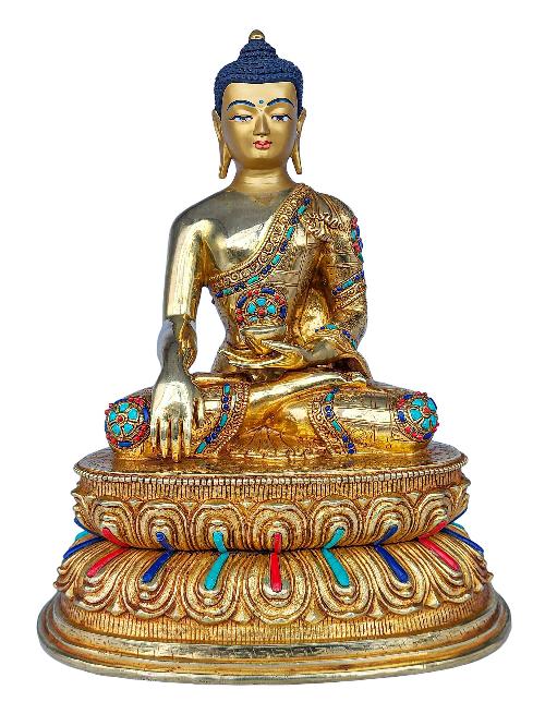[shakyamuni Buddha], Buddhist Handmade Statue With Double Base, [face Painted], [gold Plated] And [stone Setting]
