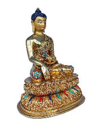 [shakyamuni Buddha], Buddhist Handmade Statue With Double Base, [face Painted], [gold Plated] And [stone Setting]
