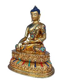 [shakyamuni Buddha], Buddhist Handmade Statue With Double Base, [face Painted], [gold Plated] And [stone Setting]