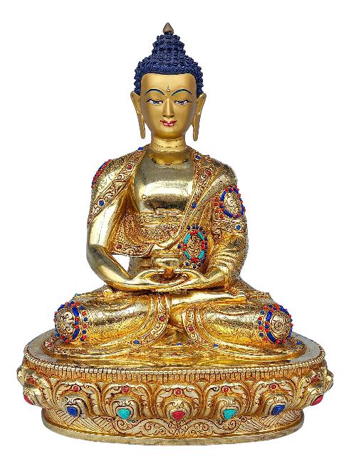 [amitabha Buddha], Buddhist Handmade Statue, [face Painted], [gold Plated] And [stone Setting]
