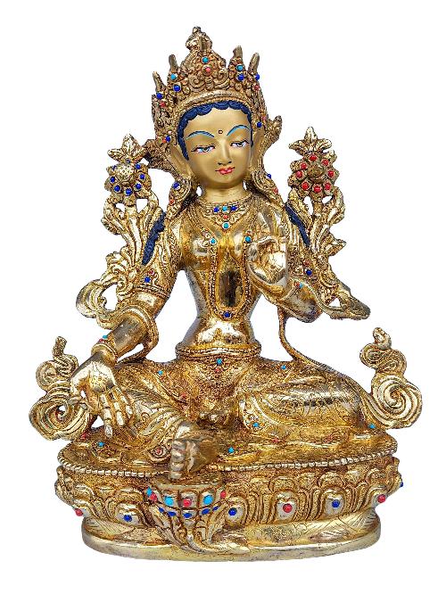 [green Tara], Buddhist Handmade Statue, [face Painted], [gold Plated] And [stone Setting]